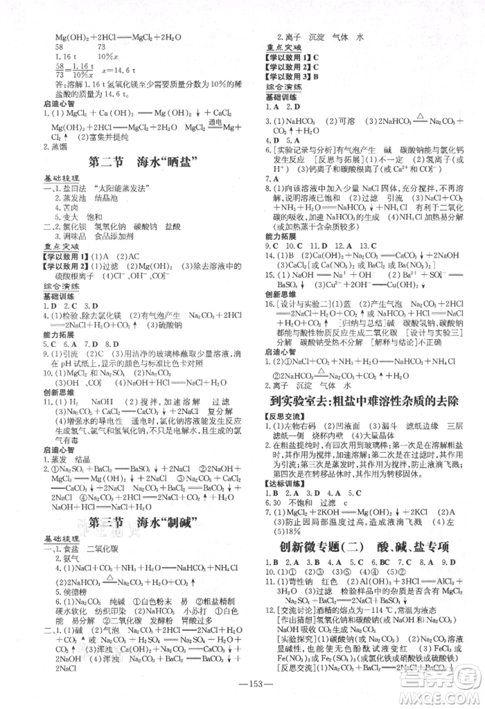 陜西人民教育出版社2021練案五四學(xué)制九年級(jí)化學(xué)魯教版參考答案