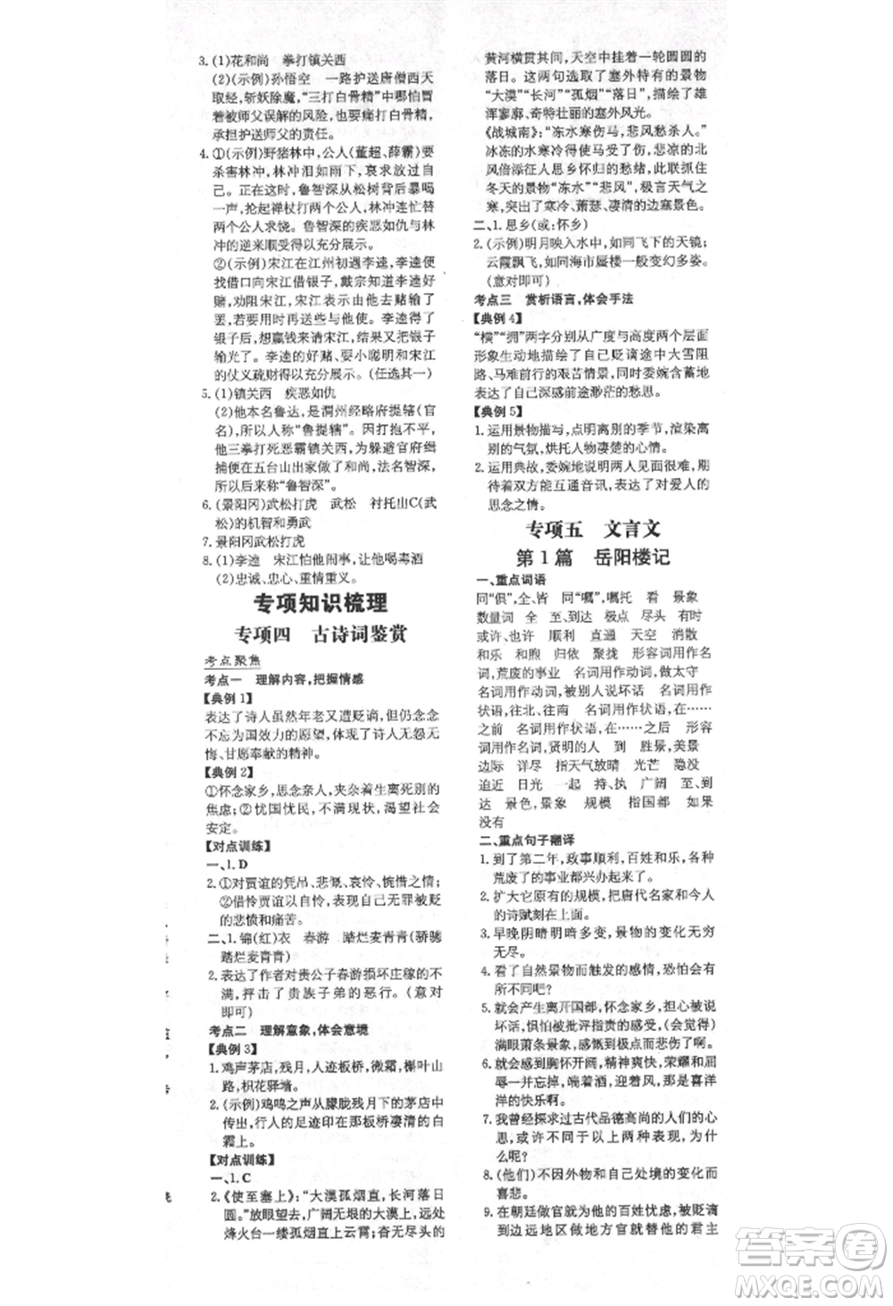 陜西人民教育出版社2021練案五四學(xué)制九年級(jí)語(yǔ)文上冊(cè)人教版參考答案