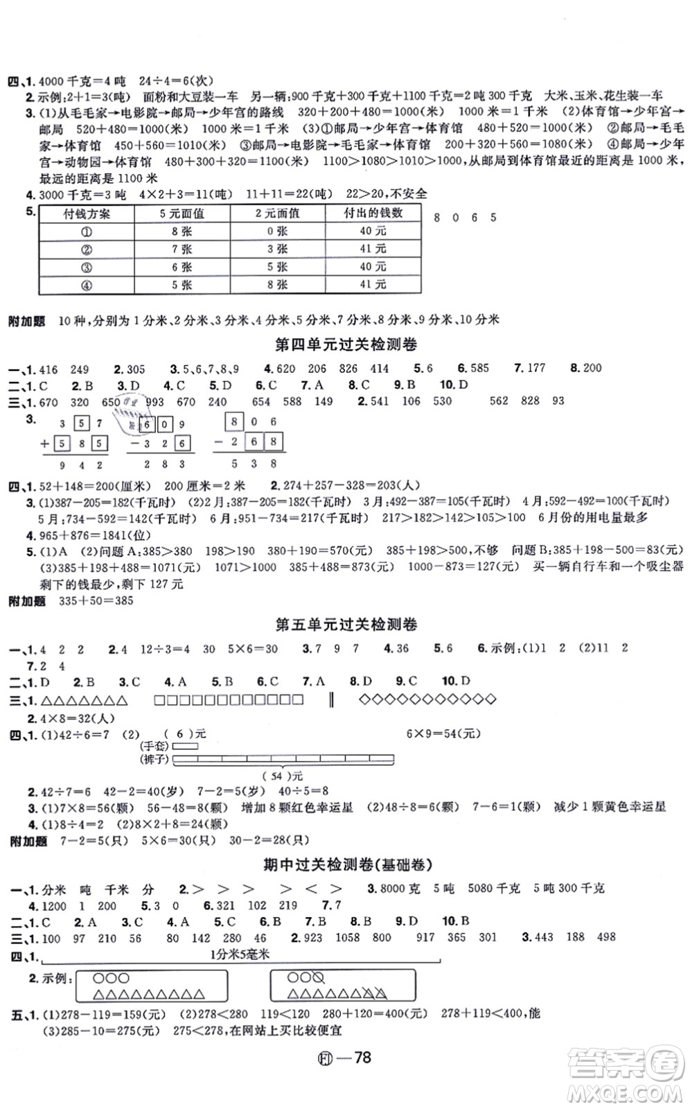 福建少年兒童出版社2021陽光同學(xué)一線名師全優(yōu)好卷三年級數(shù)學(xué)上冊RJ人教版福建專版答案