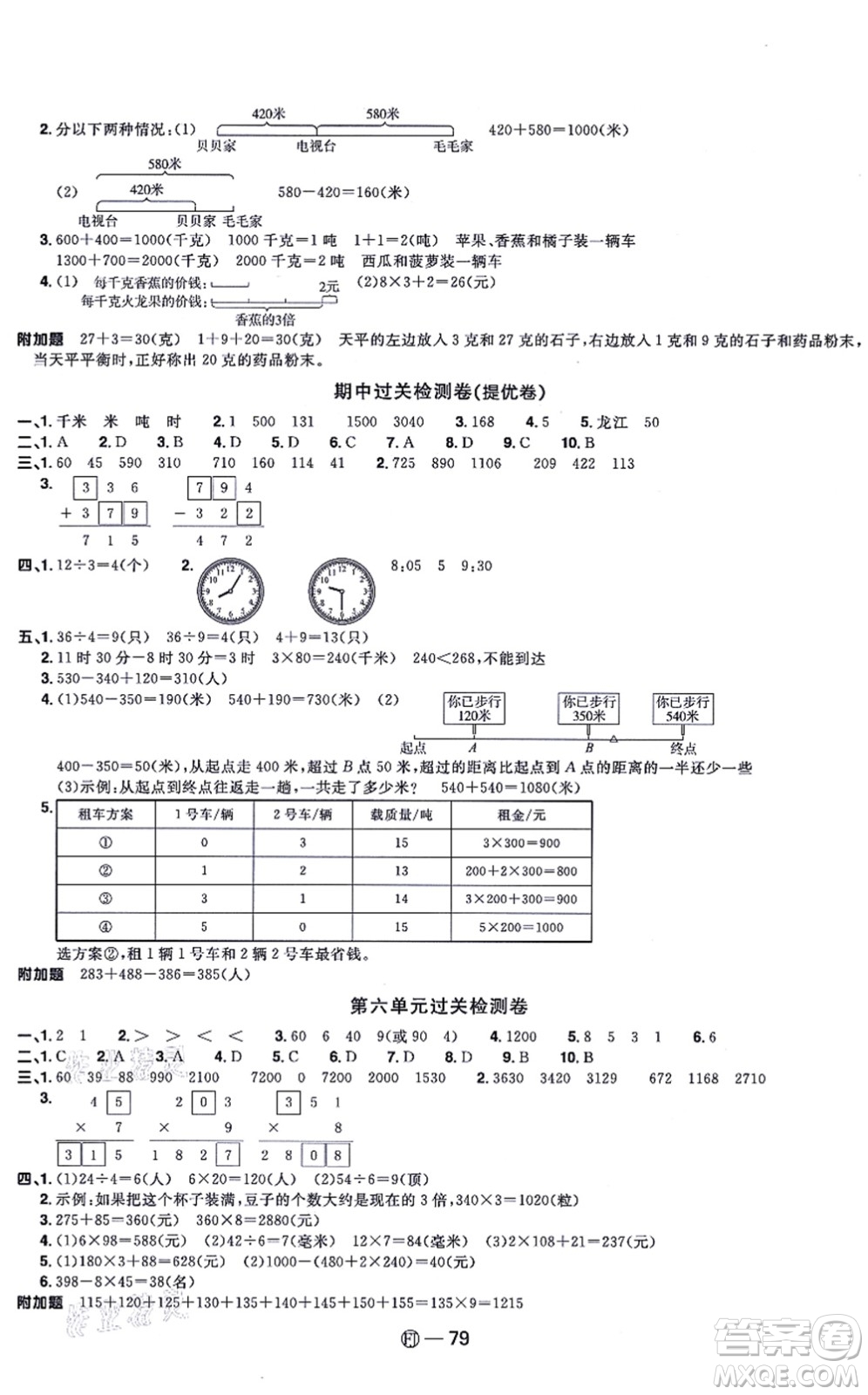 福建少年兒童出版社2021陽光同學(xué)一線名師全優(yōu)好卷三年級數(shù)學(xué)上冊RJ人教版福建專版答案