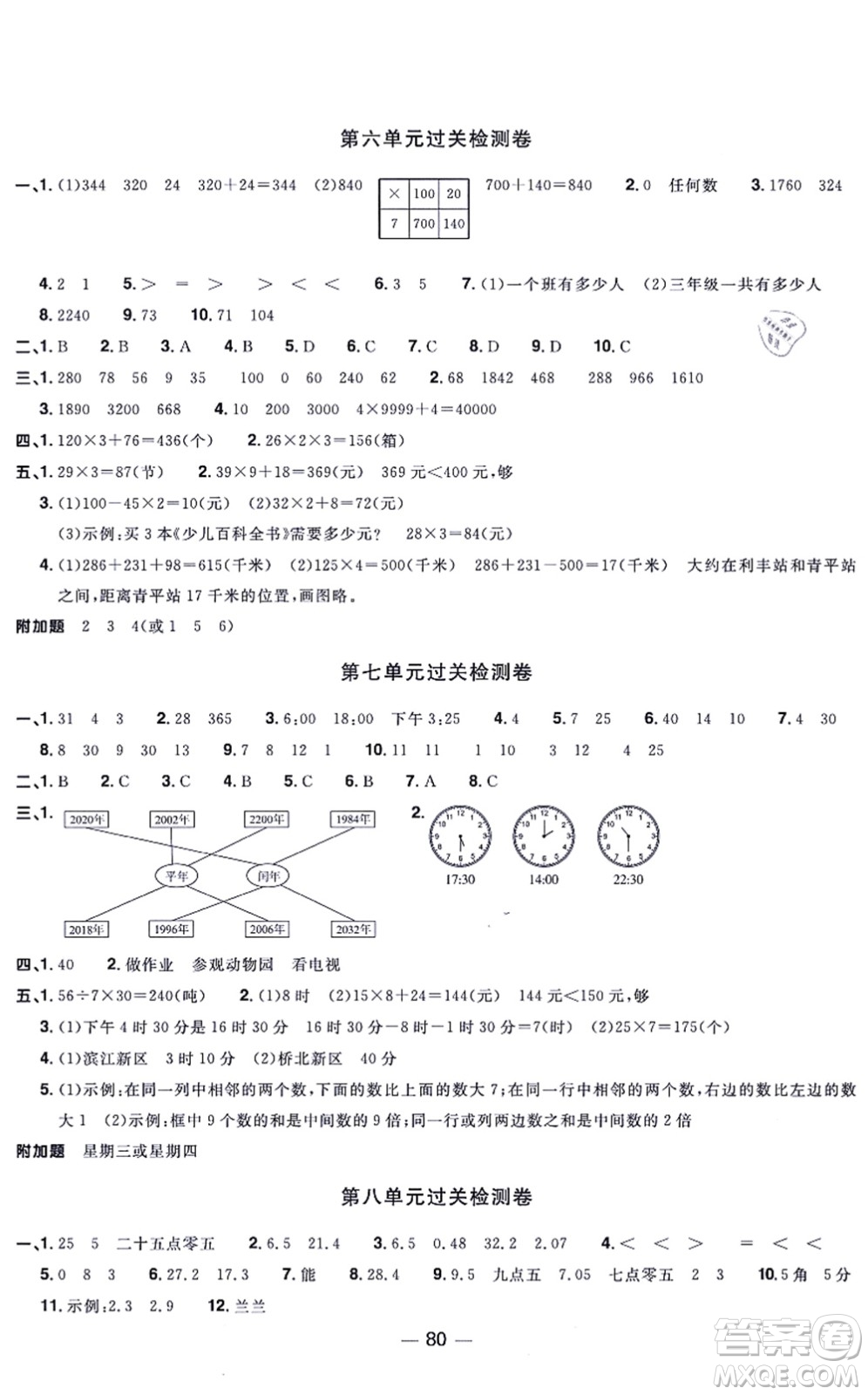 江西教育出版社2021陽光同學(xué)一線名師全優(yōu)好卷三年級數(shù)學(xué)上冊BS北師版福建專版答案