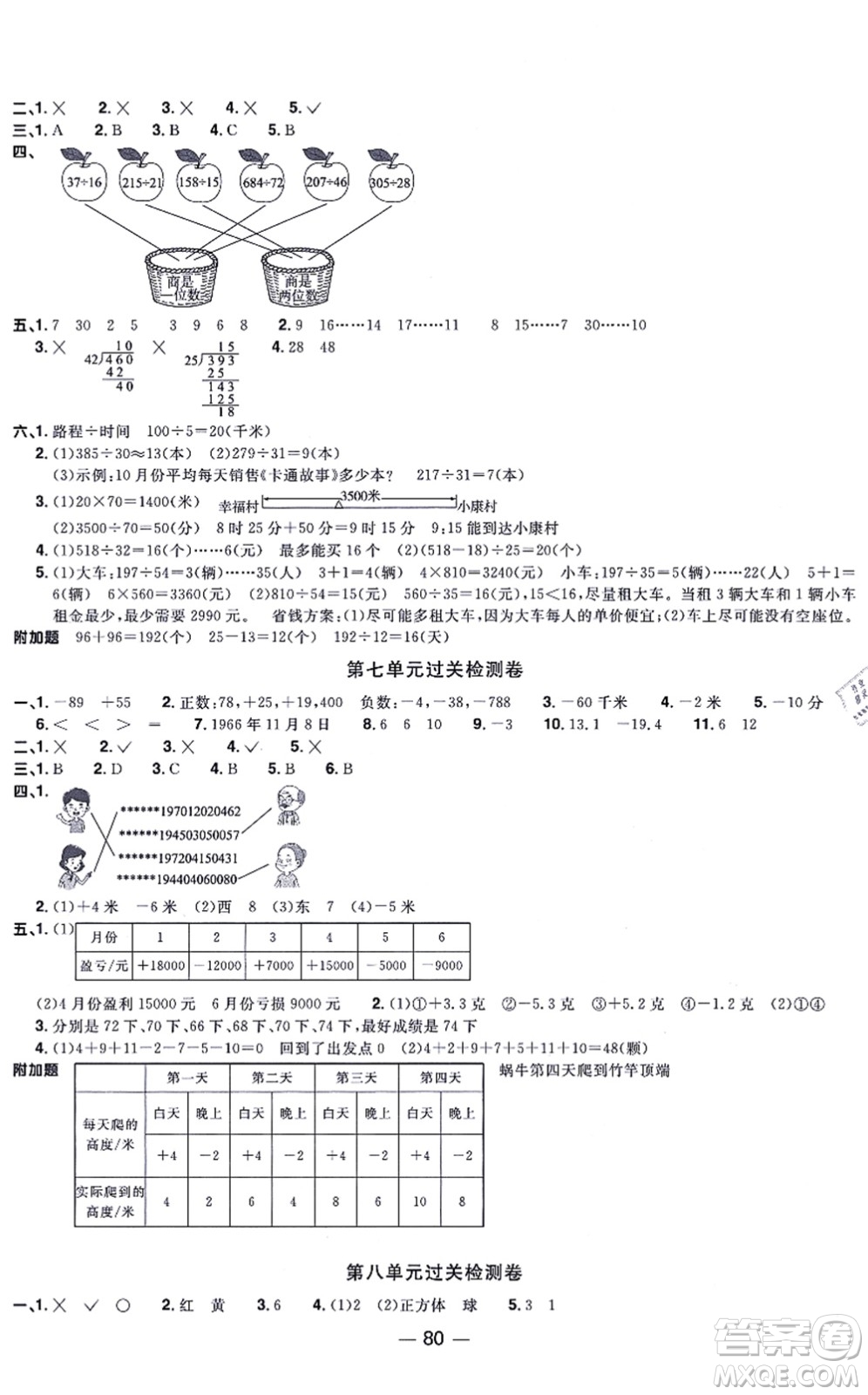 江西教育出版社2021陽光同學一線名師全優(yōu)好卷四年級數(shù)學上冊BS北師版答案