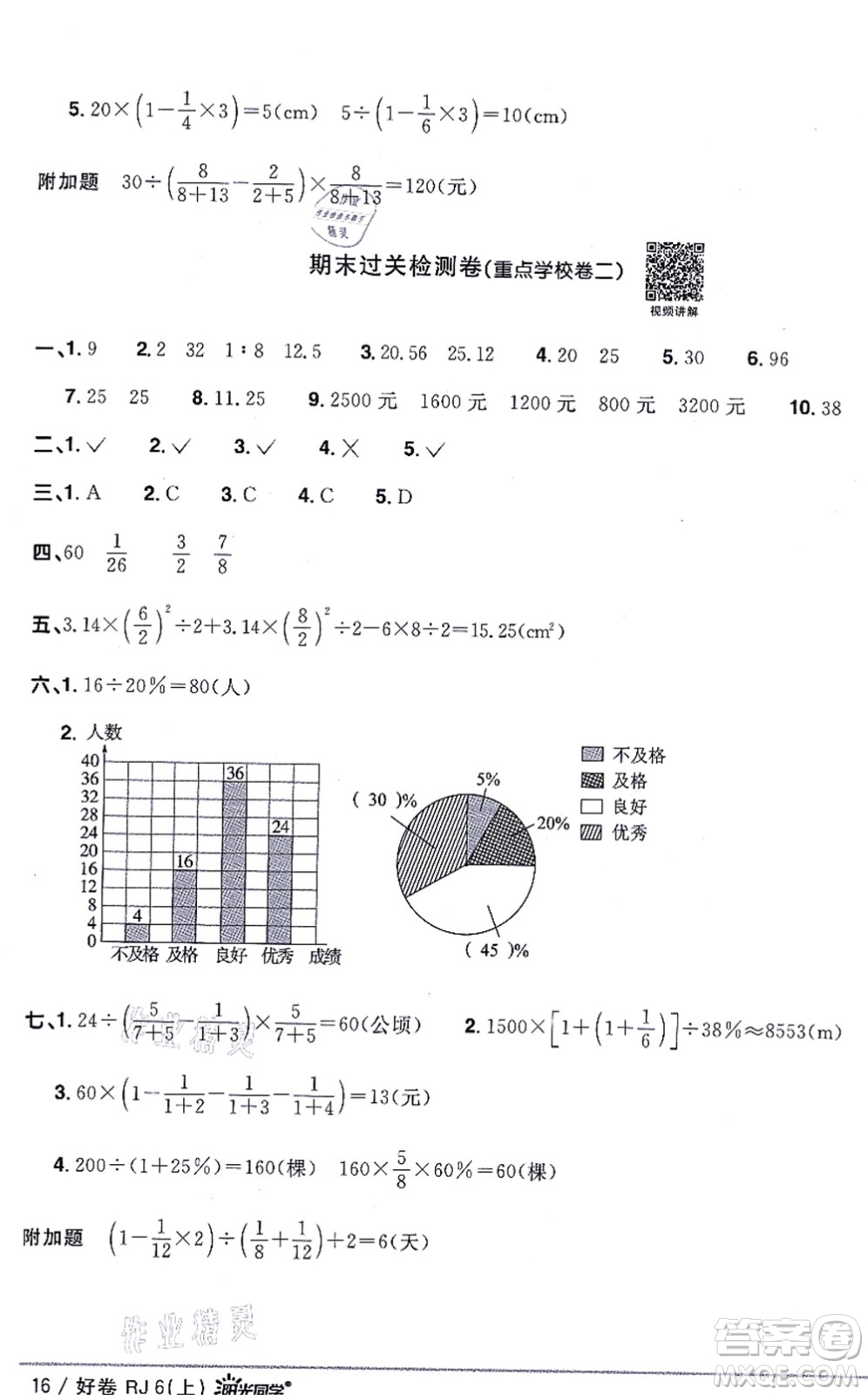 江西教育出版社2021陽光同學(xué)一線名師全優(yōu)好卷六年級數(shù)學(xué)上冊RJ人教版答案