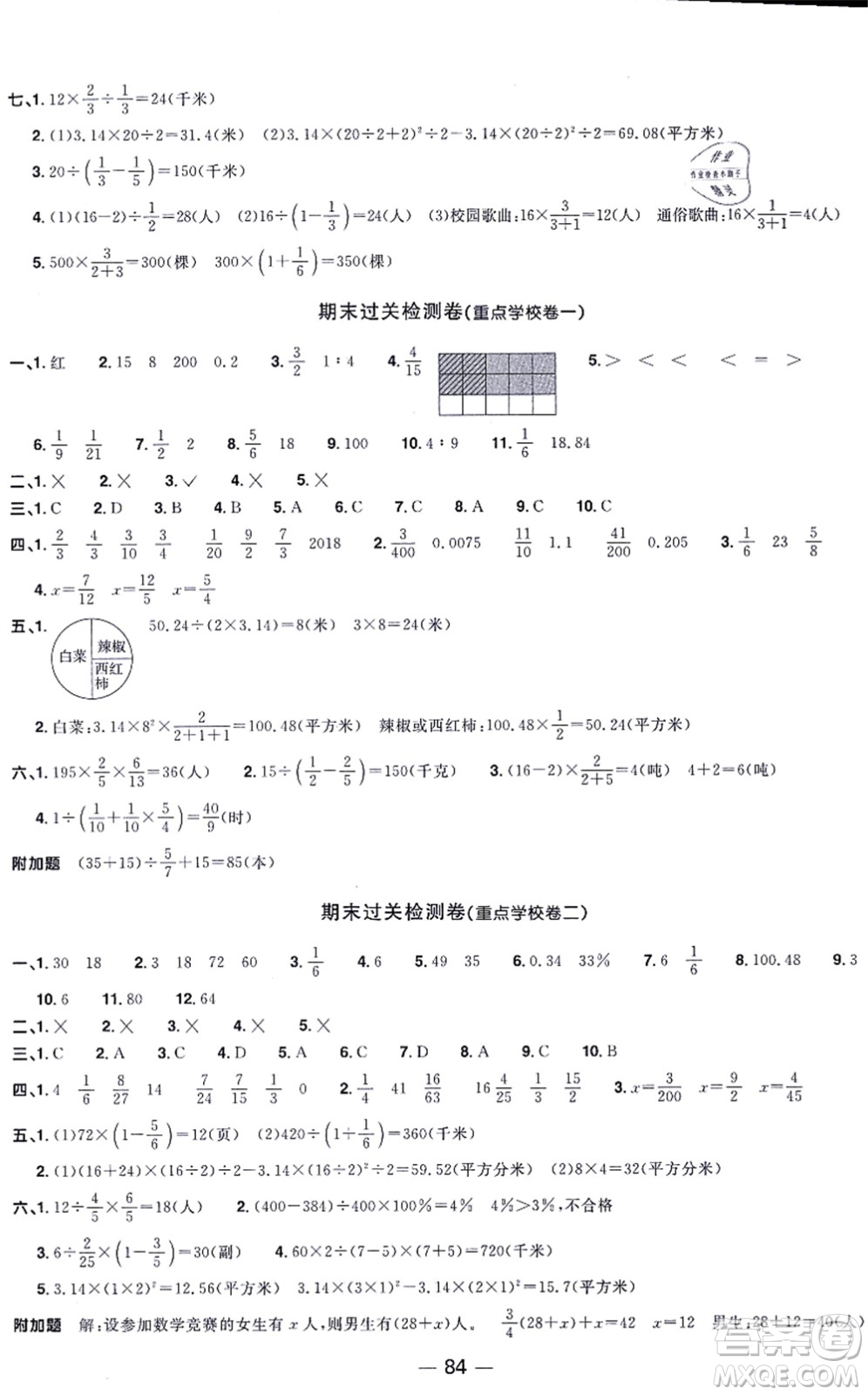 江西教育出版社2021陽光同學(xué)一線名師全優(yōu)好卷六年級(jí)數(shù)學(xué)上冊(cè)QD青島版答案