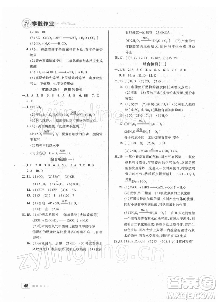 北京教育出版社2022年寒假作業(yè)九年級化學(xué)通用版參考答案