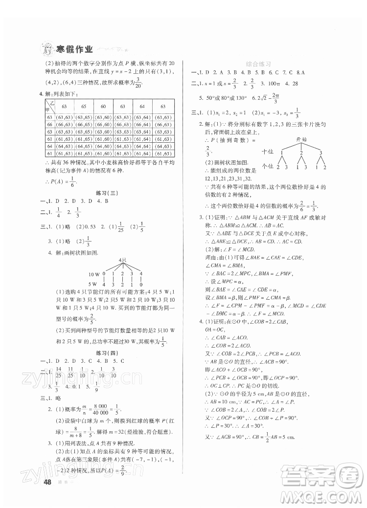 北京教育出版社2022年寒假作業(yè)九年級(jí)數(shù)學(xué)通用版參考答案