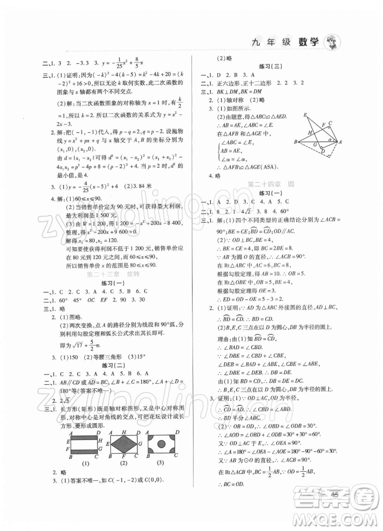 北京教育出版社2022年寒假作業(yè)九年級(jí)數(shù)學(xué)通用版參考答案