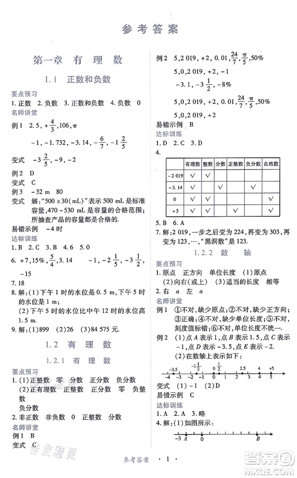 江西人民出版社2021一課一練創(chuàng)新練習七年級數(shù)學上冊人教版答案