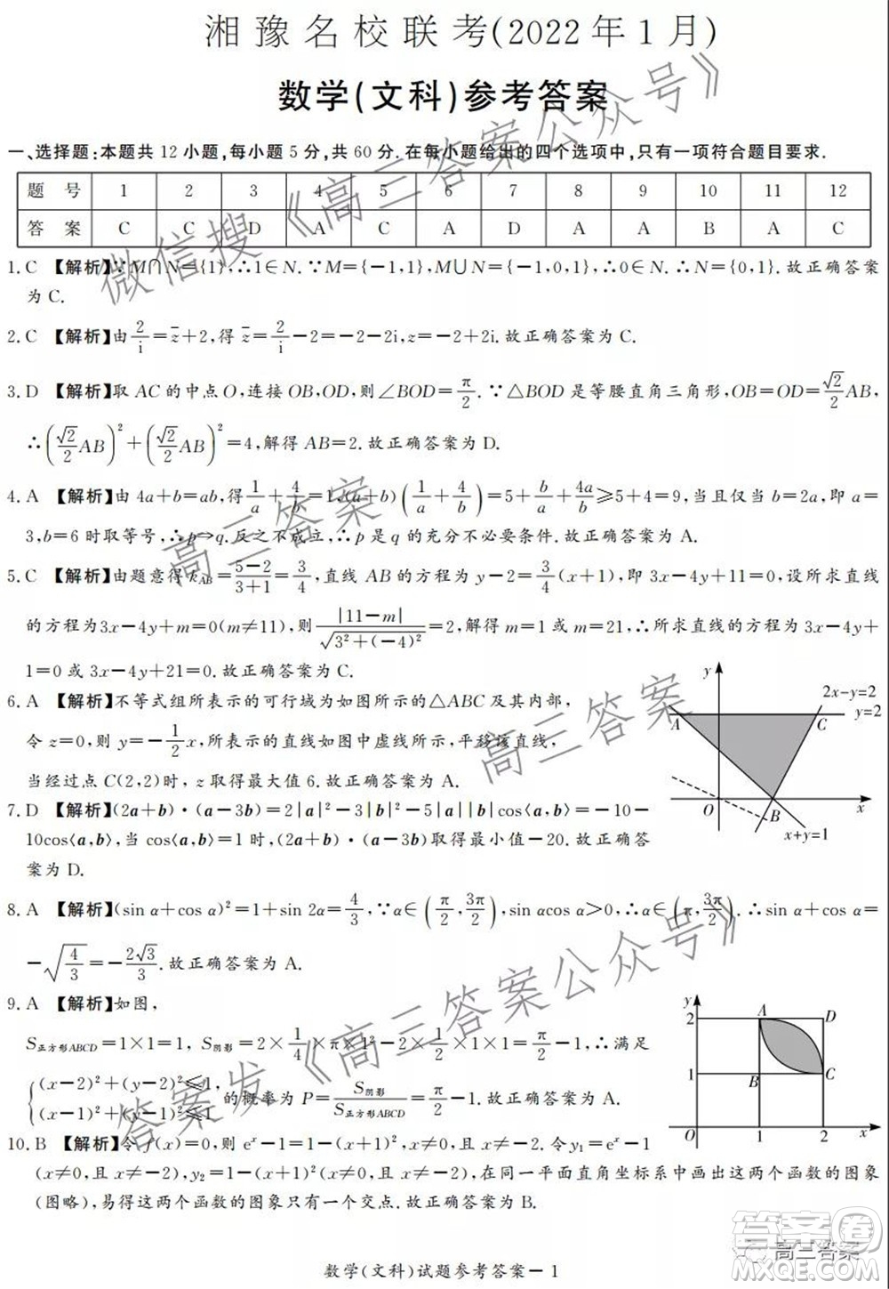 2022年1月湘豫名校聯(lián)考高三文科數(shù)學試題及答案