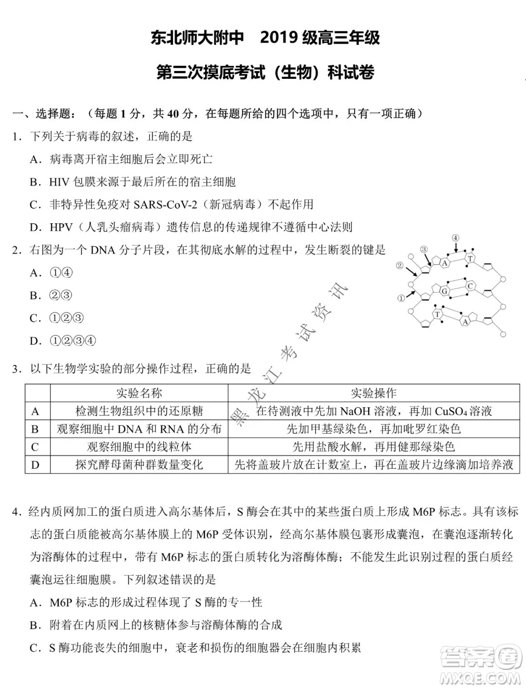 東北師大附中2019級(jí)高三年級(jí)第三次摸底考試生物試卷及答案