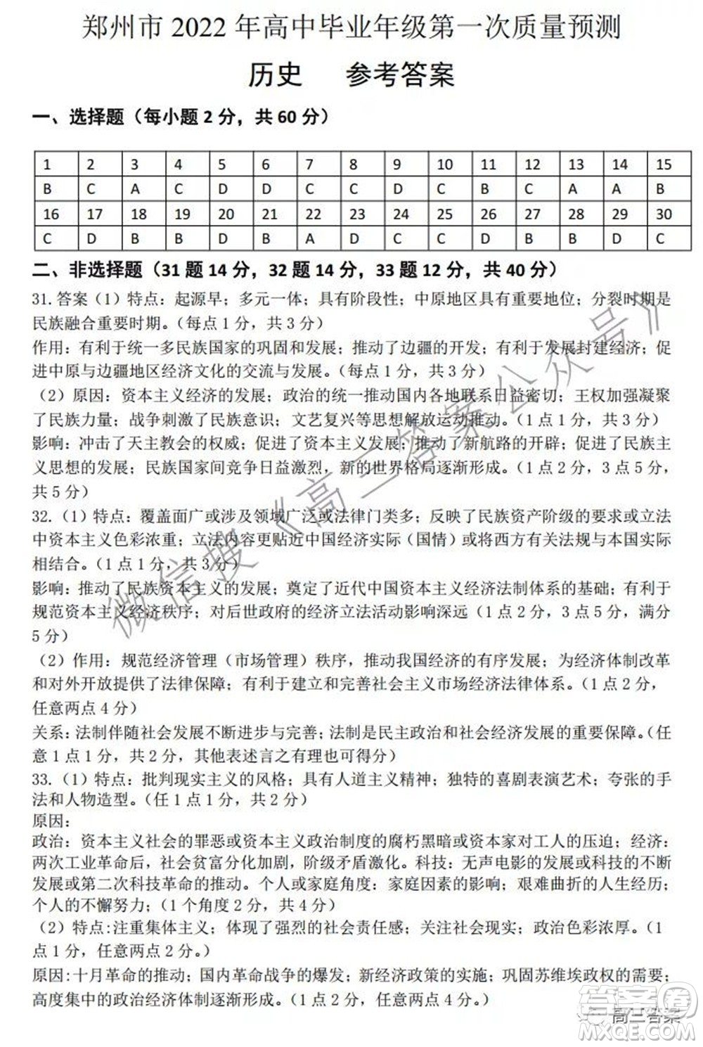 鄭州市2022年高中畢業(yè)年級(jí)第一次質(zhì)量預(yù)測歷史試題及答案