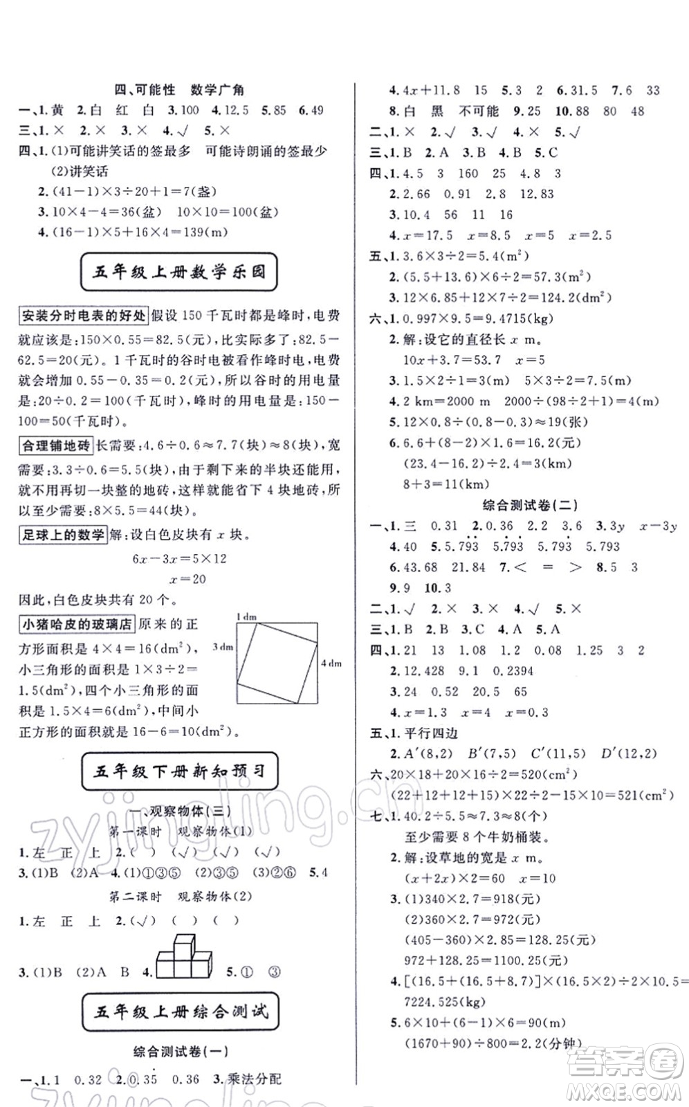 新疆青少年出版社2022寒假作業(yè)五年級(jí)數(shù)學(xué)人教版答案