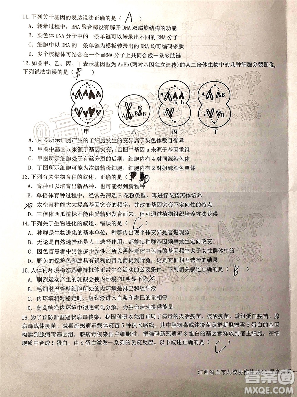 江西省五市九校協(xié)作體2022屆高三第一次聯(lián)考生物試卷及答案