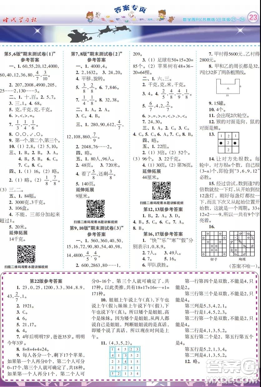 2021年時代學(xué)習(xí)報數(shù)學(xué)周刊三年級上蘇教版21-26期參考答案