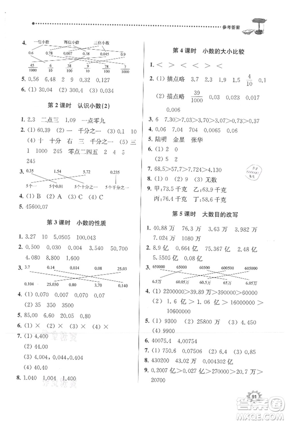 南京大學(xué)出版社2021課時(shí)天天練五年級(jí)數(shù)學(xué)上冊蘇教版參考答案