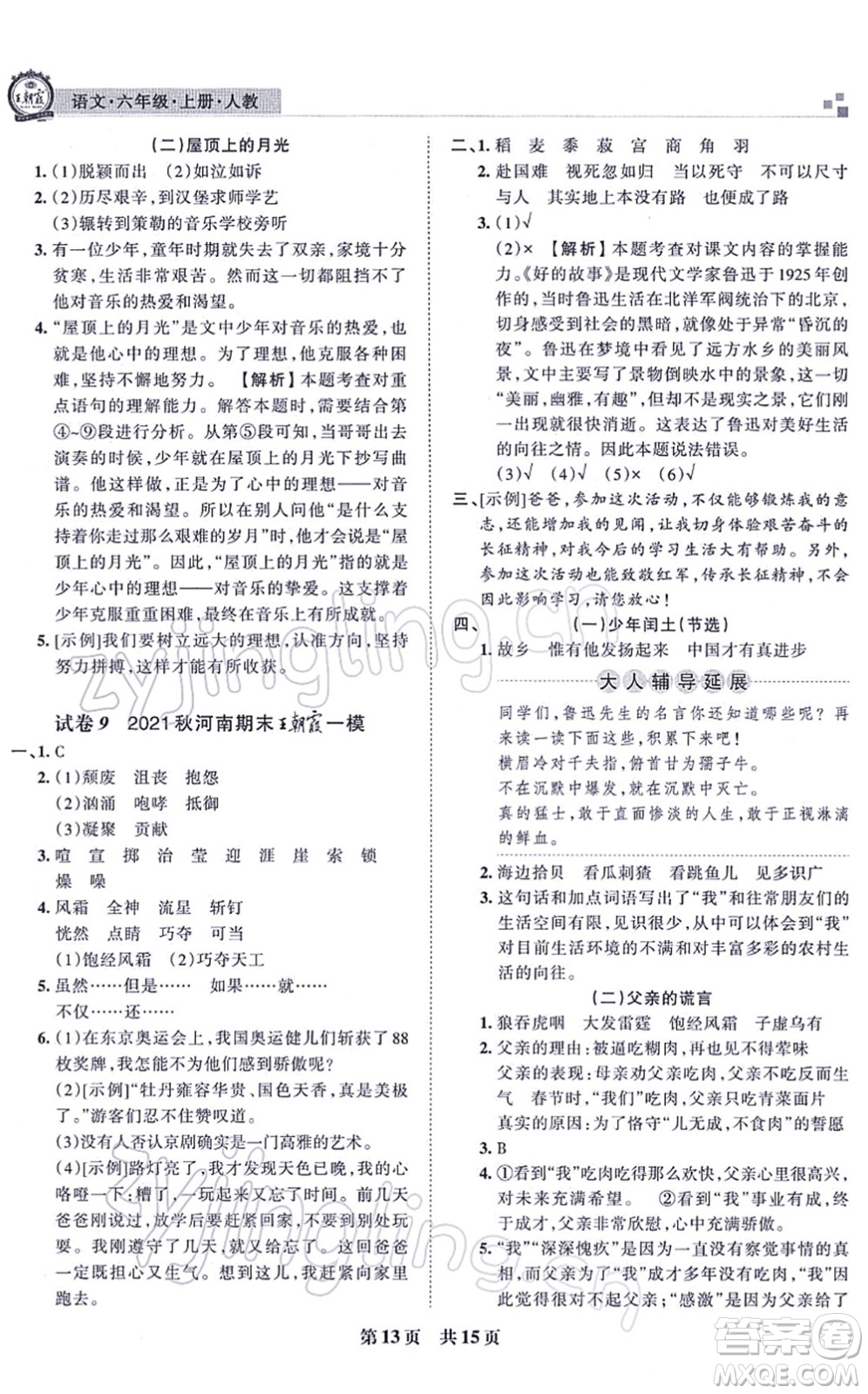 江西人民出版社2021王朝霞各地期末試卷精選六年級(jí)語文上冊RJ人教版河南專版答案