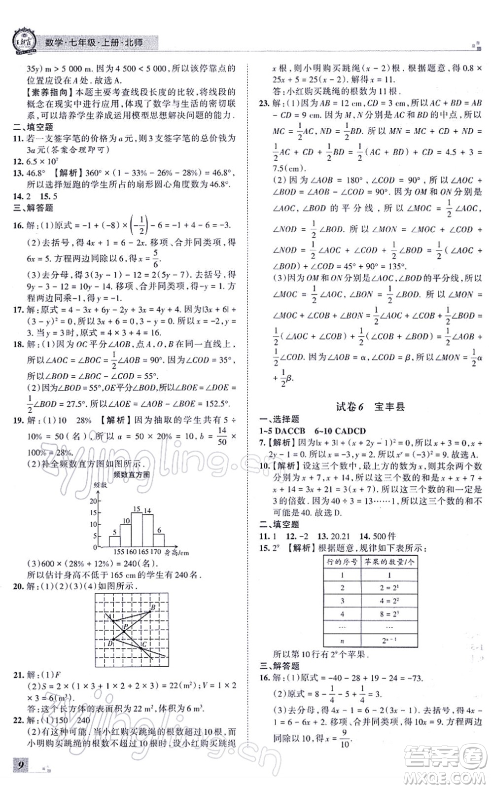 江西人民出版社2021王朝霞各地期末試卷精選七年級數(shù)學(xué)上冊BS北師大版河南專版答案