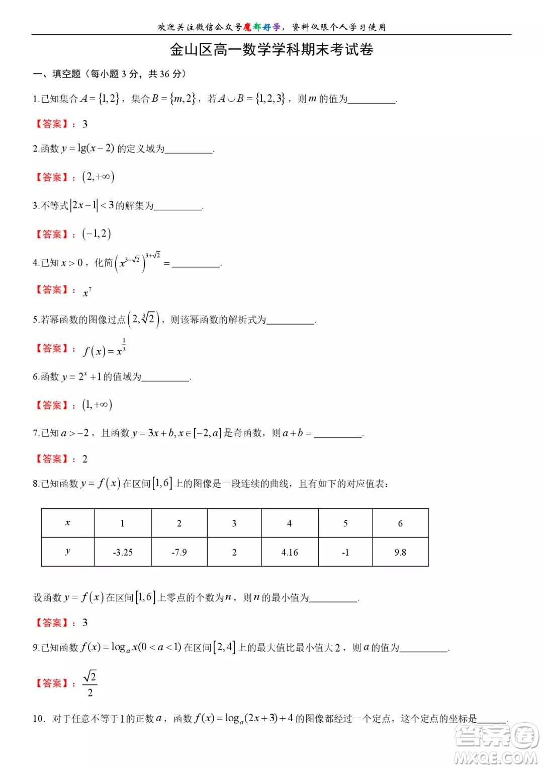 上海金山區(qū)2021-2022高一上期末考試數(shù)學試卷及答案