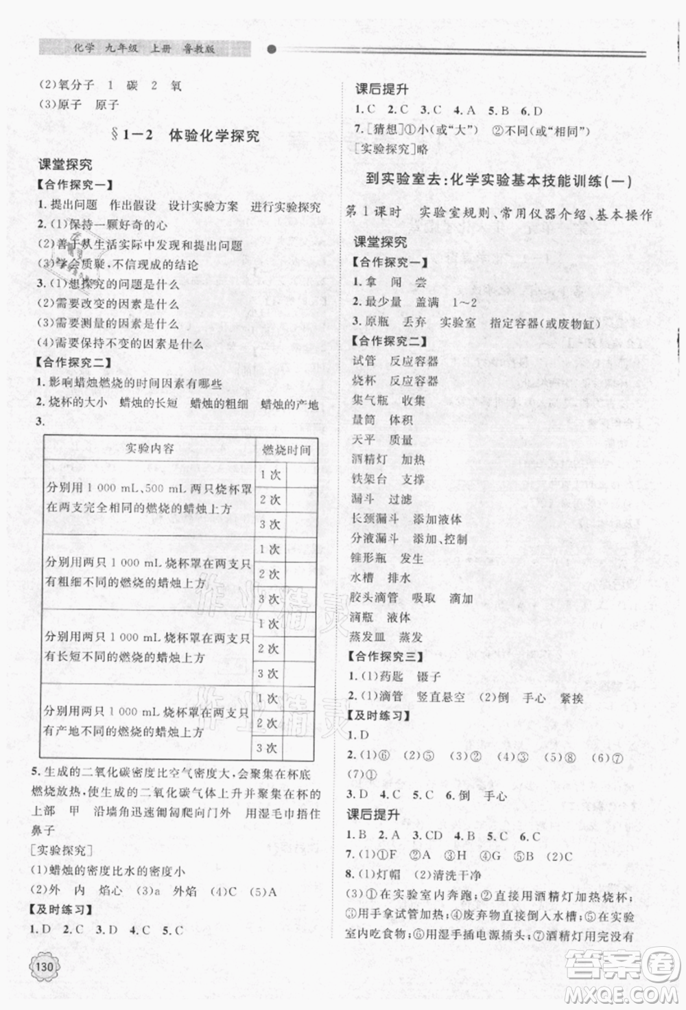 明天出版社2021初中同步練習(xí)冊九年級化學(xué)上冊魯教版參考答案