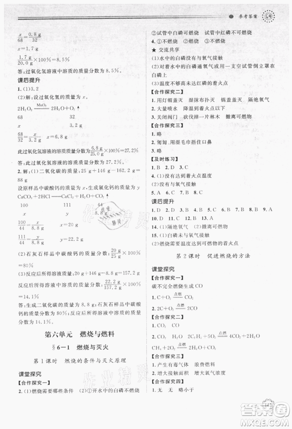 明天出版社2021初中同步練習(xí)冊九年級化學(xué)上冊魯教版參考答案