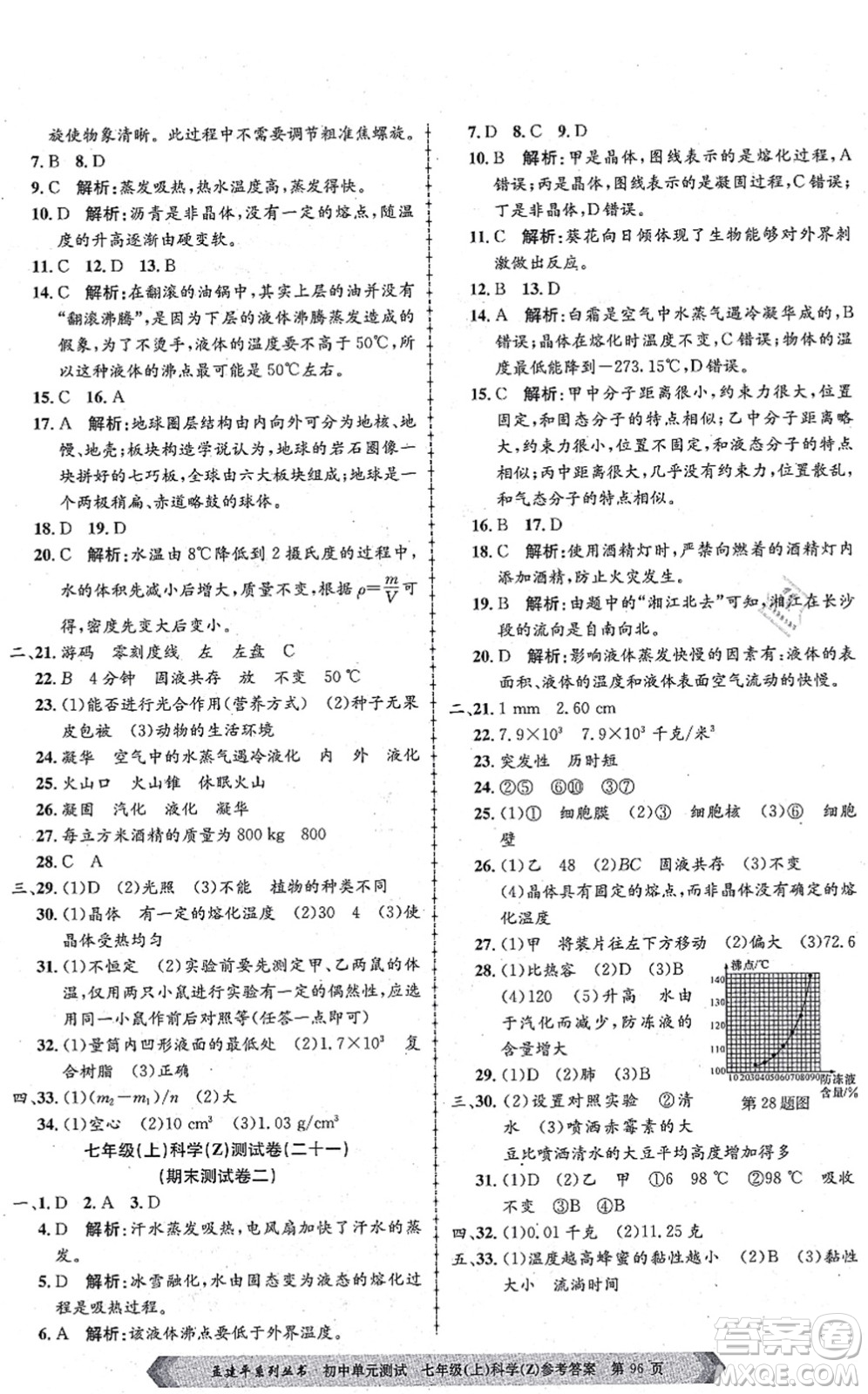 浙江工商大學(xué)出版社2021孟建平初中單元測試七年級科學(xué)上冊Z浙教版答案