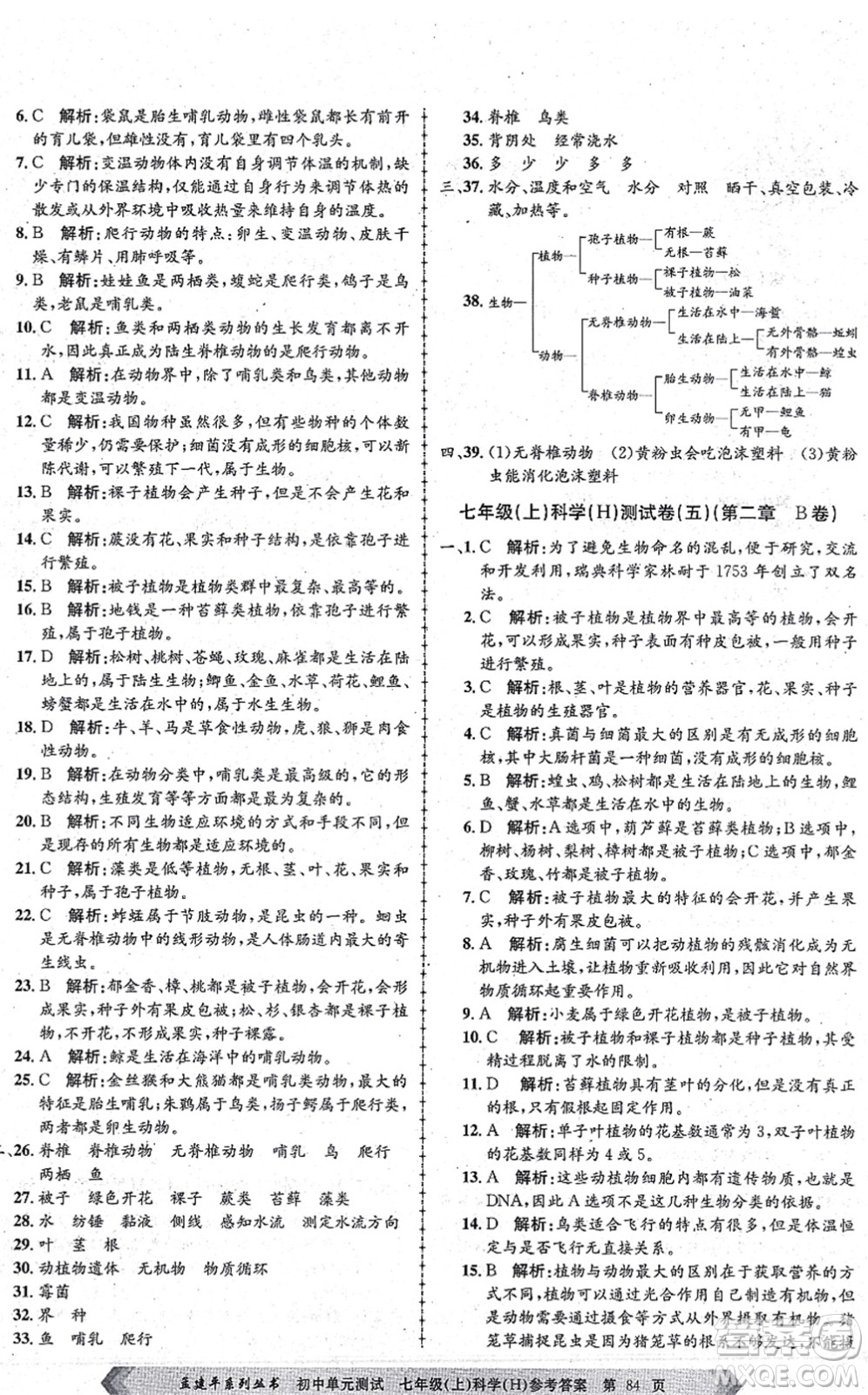 浙江工商大學(xué)出版社2021孟建平初中單元測試七年級(jí)科學(xué)上冊(cè)H華師版答案