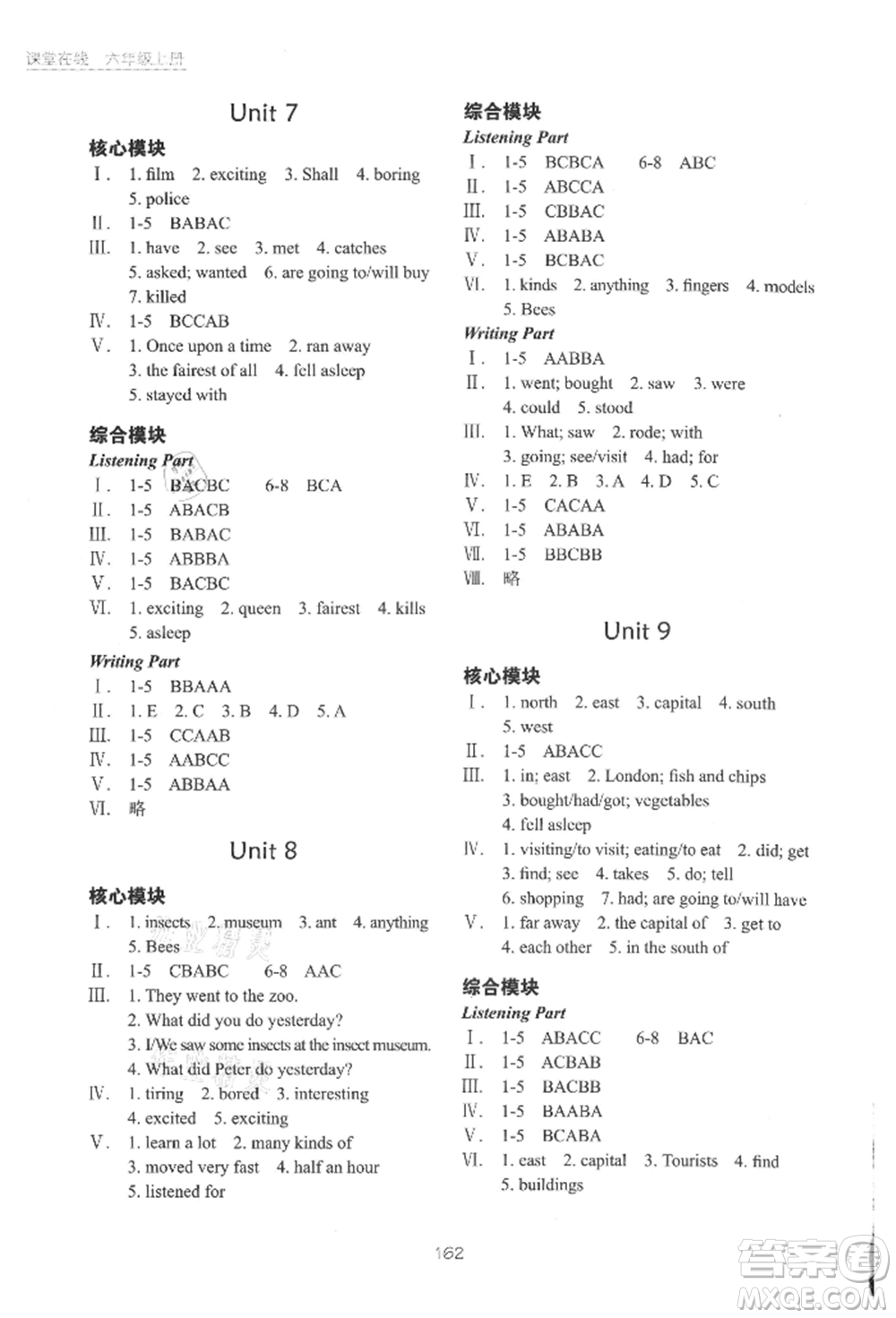 華中科技大學(xué)出版社2021課堂在線六年級英語上冊滬教版參考答案