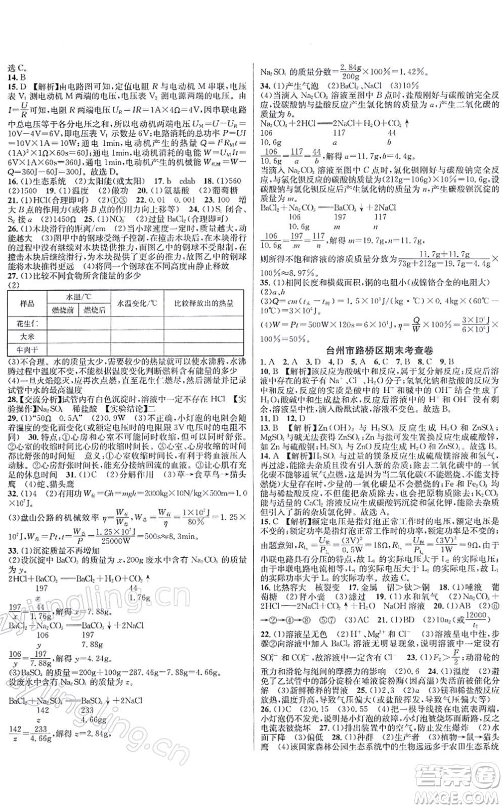 浙江教育出版社2021學(xué)林驛站各地期末名卷精選九年級科學(xué)全一冊ZH浙教版答案