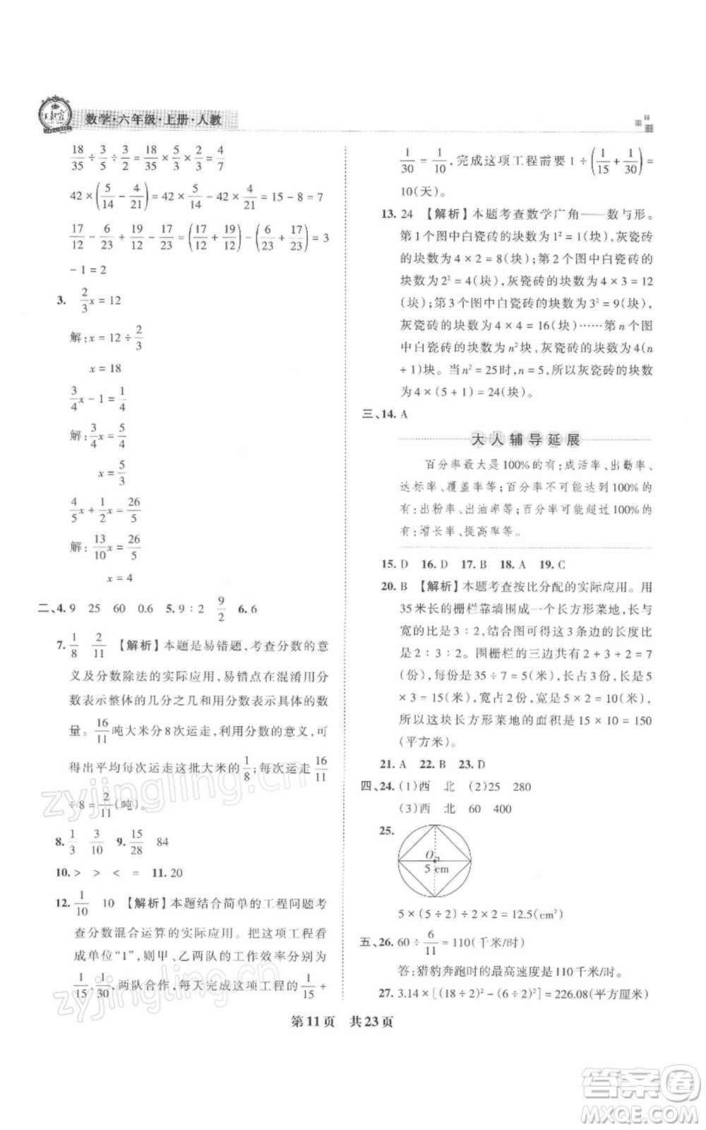 江西人民出版社2021秋季王朝霞期末真題精編六年級數(shù)學(xué)上冊人教版武漢專版參考答案