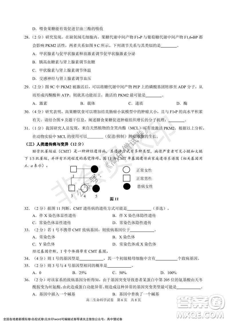 上海黃浦區(qū)2021學(xué)年度第一學(xué)期高三年級(jí)期終調(diào)研測試生命科學(xué)試題及答案