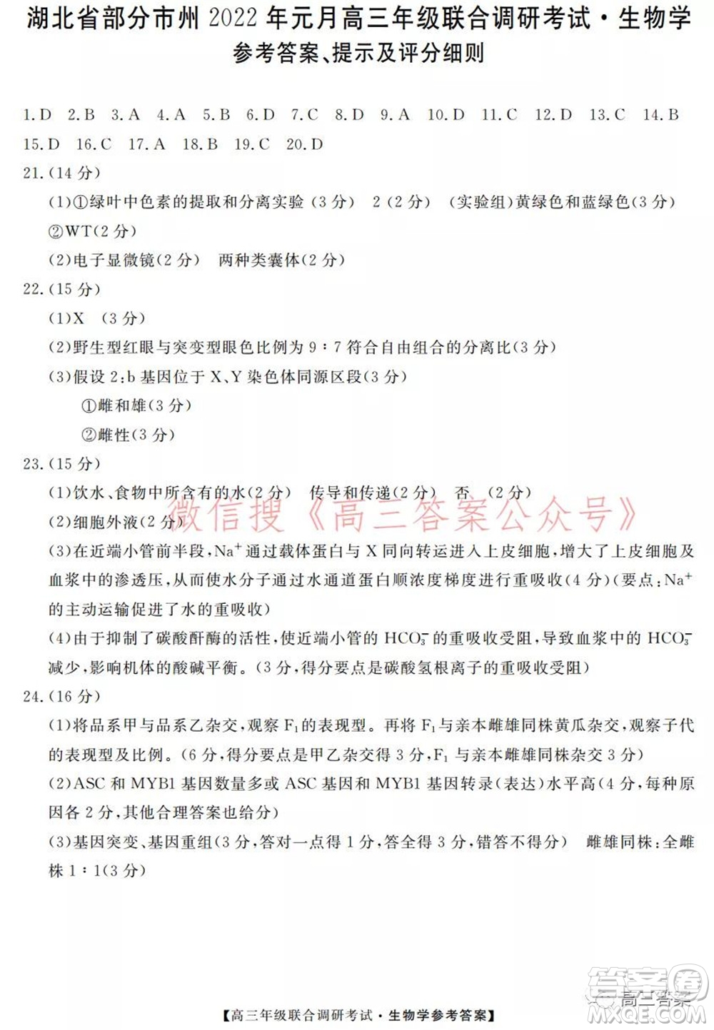 湖北省部分市州2022年元月高三年級聯(lián)合調(diào)研考試生物學(xué)試題及答案
