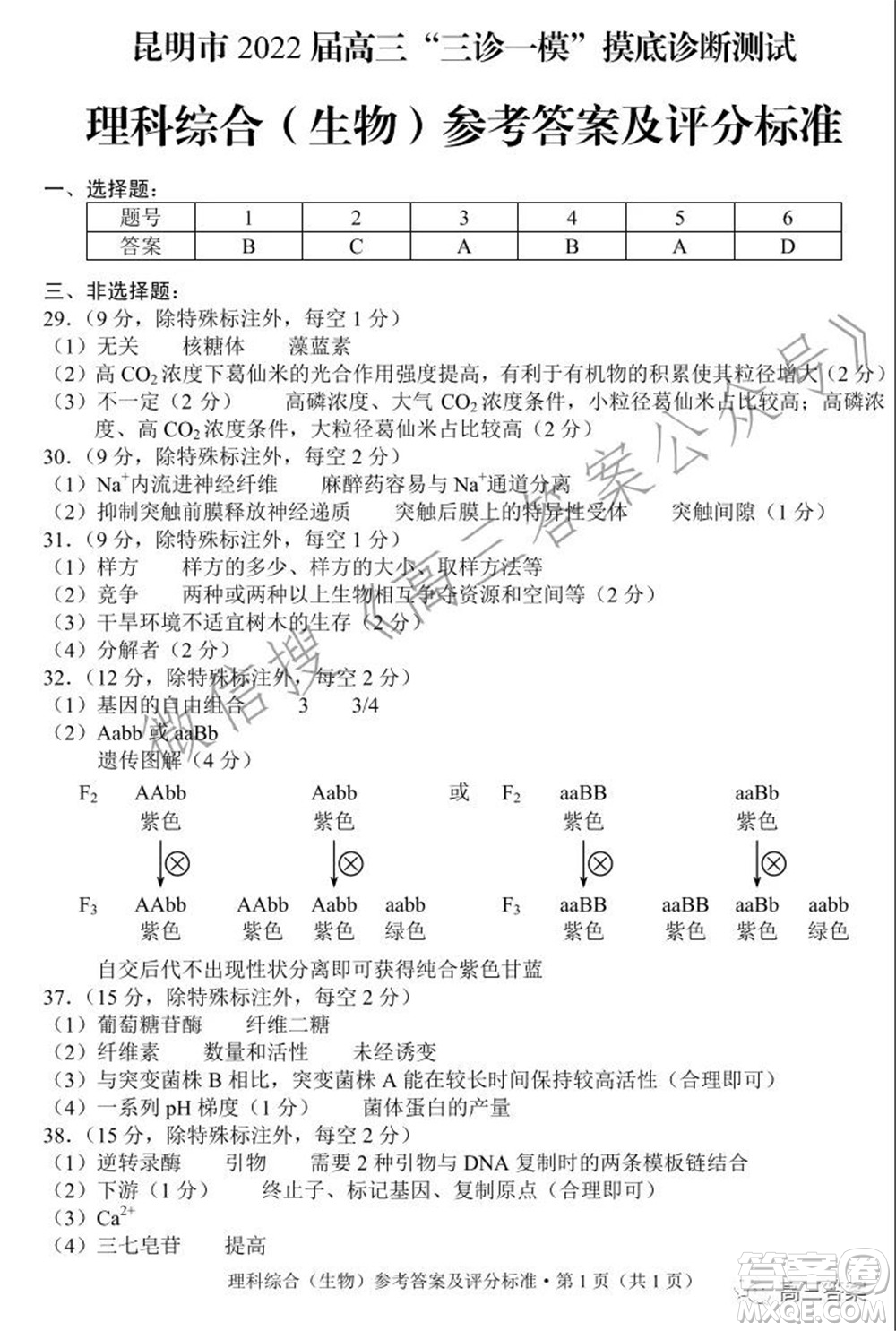 昆明市2022屆高三三診一模摸底診斷測試理科綜合試題及答案