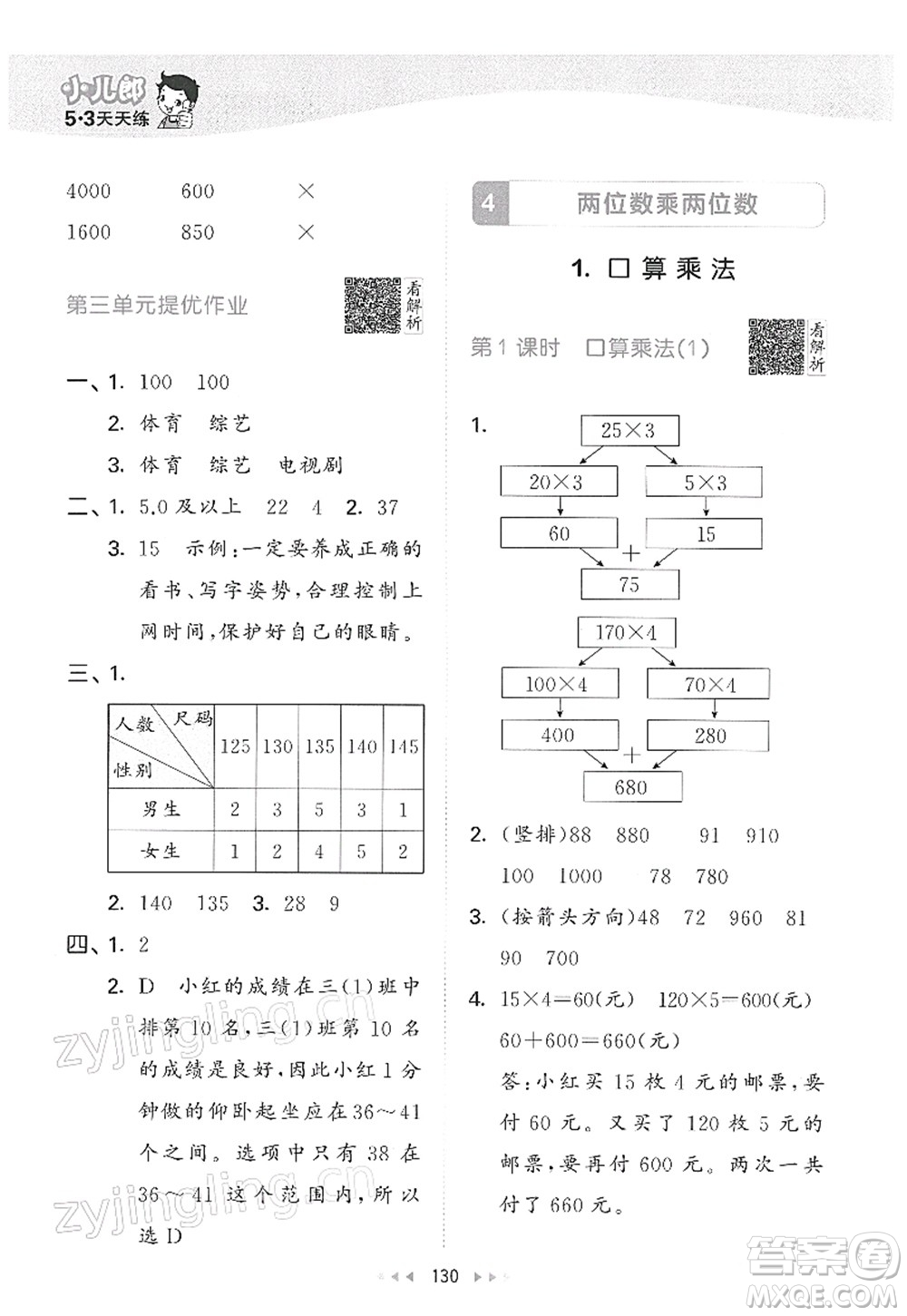 教育科學(xué)出版社2022春季53天天練三年級(jí)數(shù)學(xué)下冊(cè)RJ人教版答案