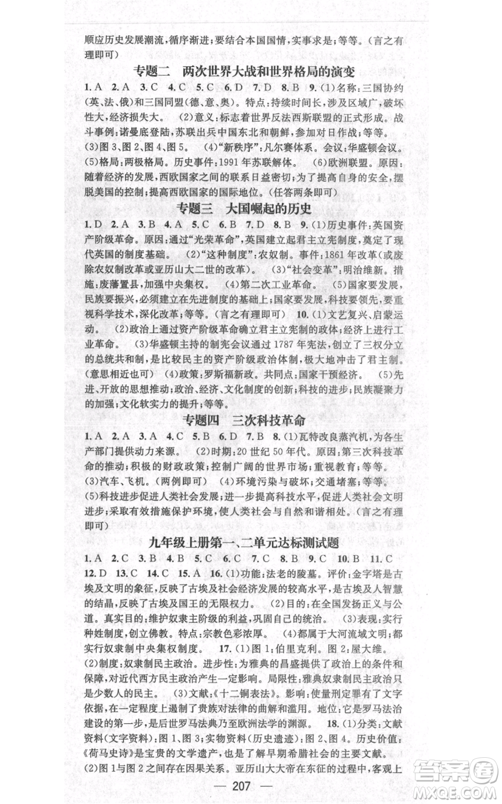 廣東經濟出版社2021名師測控九年級歷史人教版云南專版參考答案