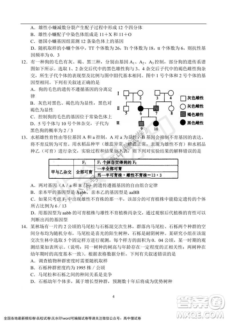 河南省名校聯(lián)盟2021-2022學(xué)年高三年級1月聯(lián)合考試生物試題及答案