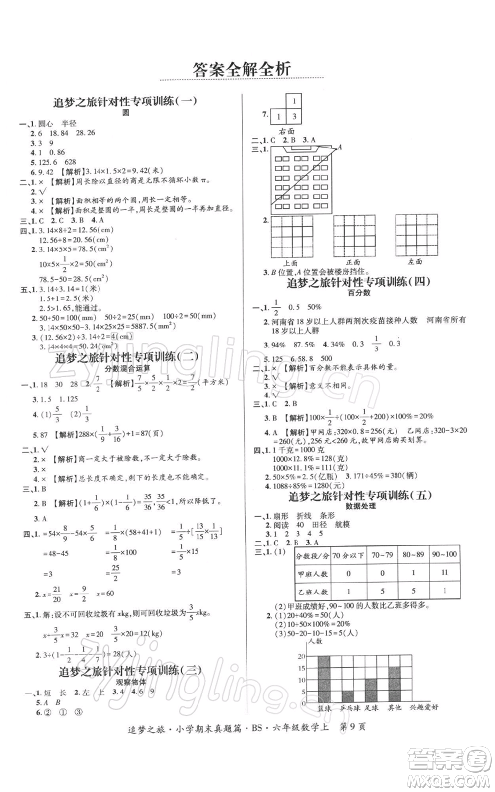 天津科學(xué)技術(shù)出版社2021追夢之旅小學(xué)期末真題篇六年級數(shù)學(xué)上冊北師大版河南專版參考答案