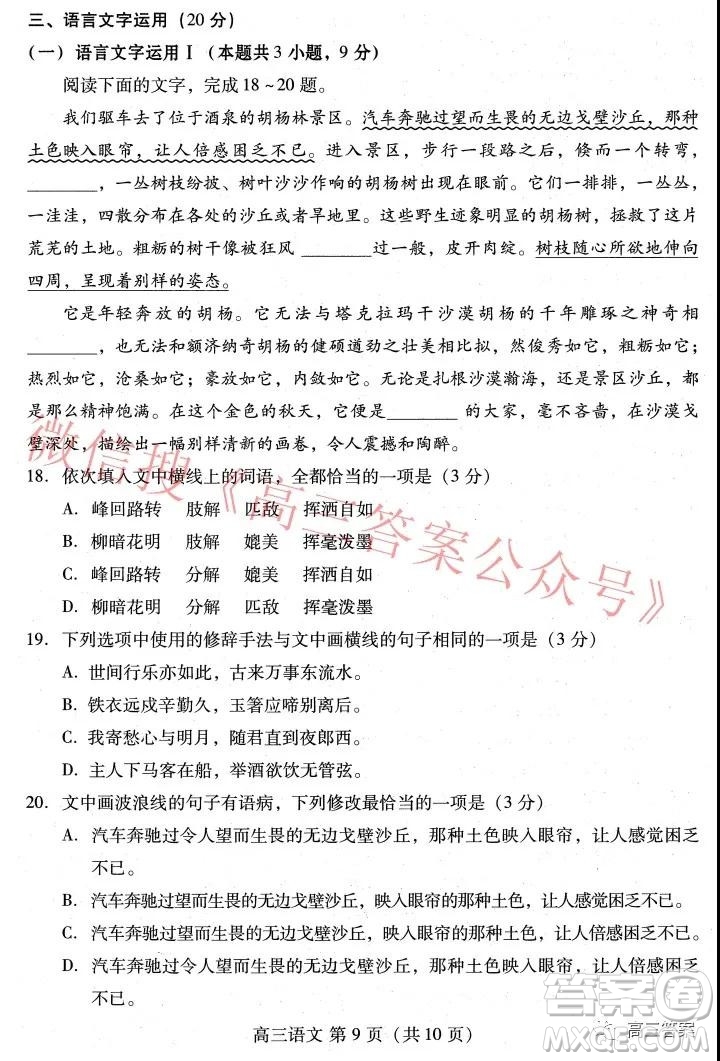 2022年1月濰坊市高三期末統(tǒng)考語(yǔ)文試題及答案