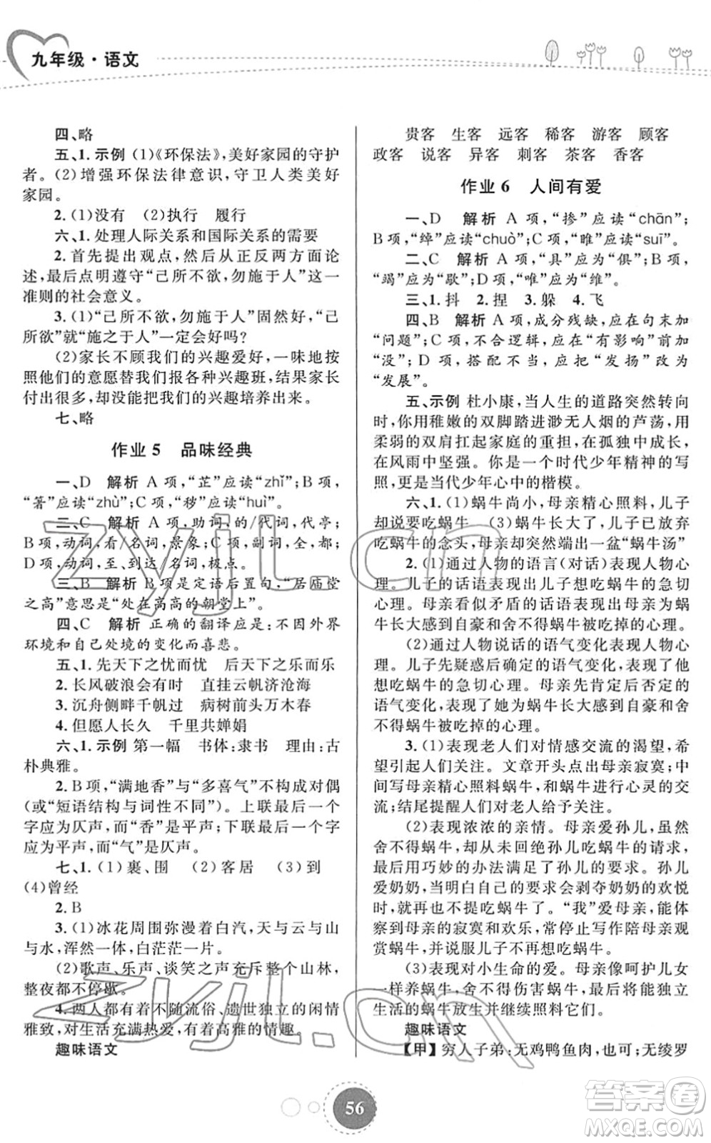內(nèi)蒙古教育出版社2022寒假作業(yè)九年級語文通用版答案