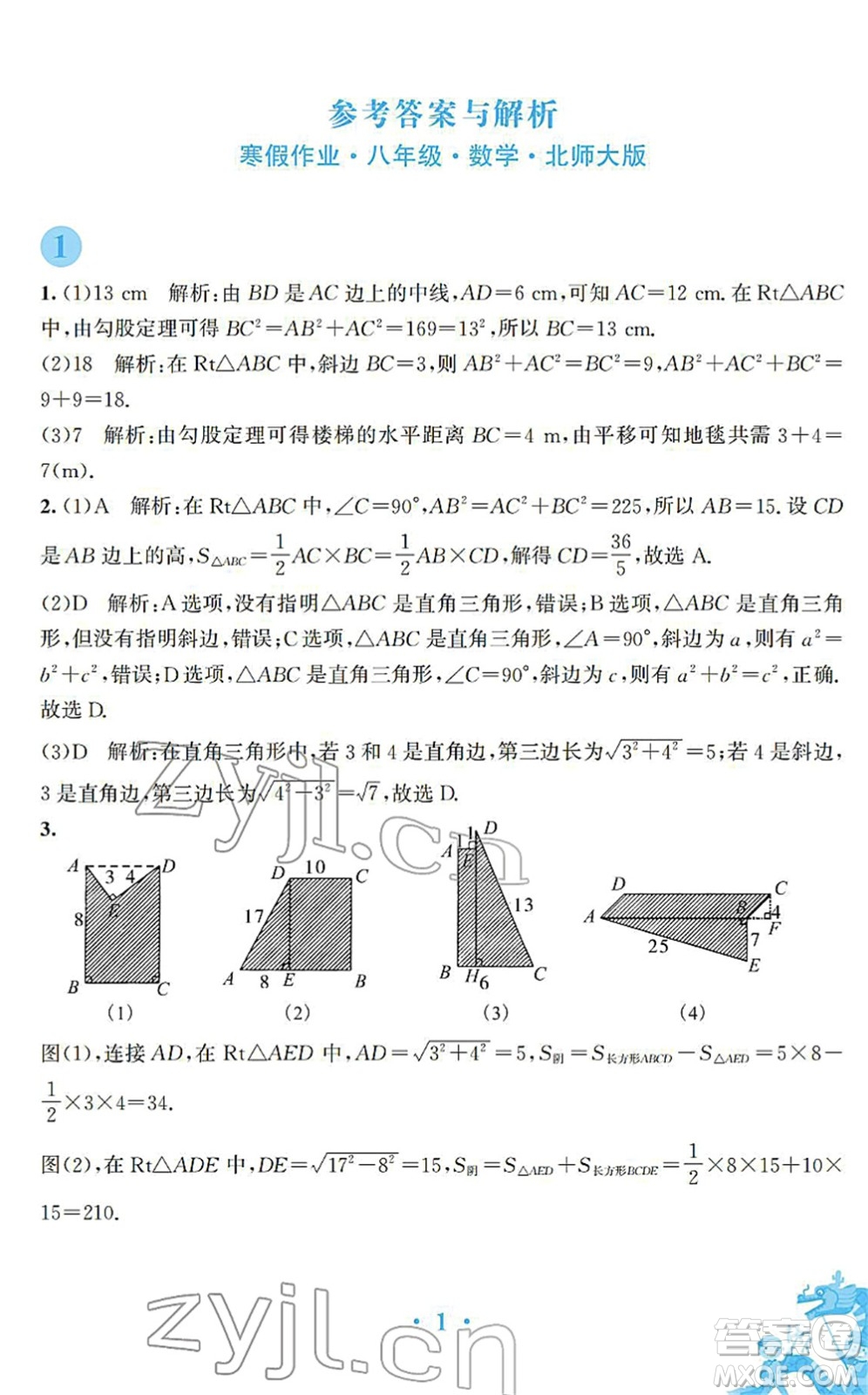 安徽教育出版社2022寒假作業(yè)八年級(jí)數(shù)學(xué)北師大版答案