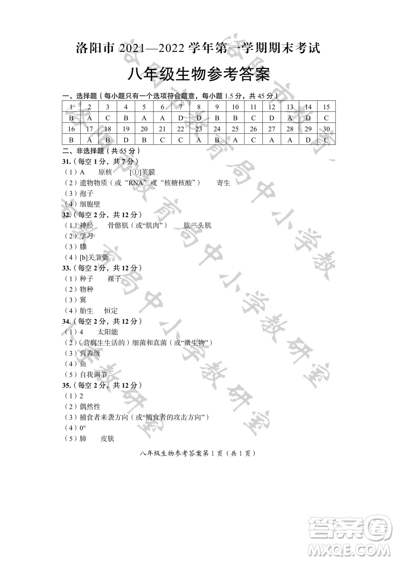 洛陽市2021-2022學(xué)年第一學(xué)期期末考試八年級生物試題及答案