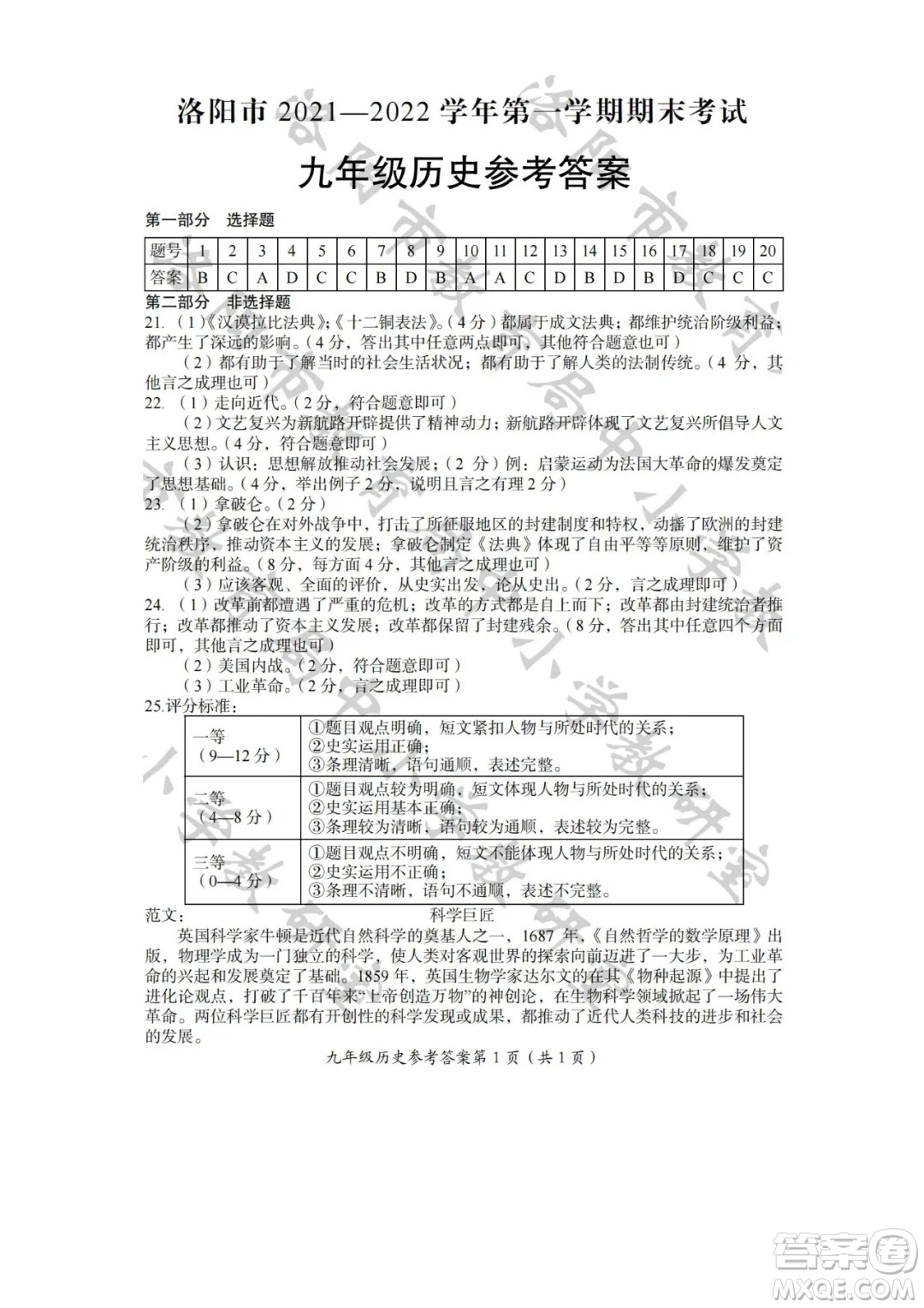 洛陽市2021-2022學年第一學期期末考試九年級歷史試題及答案