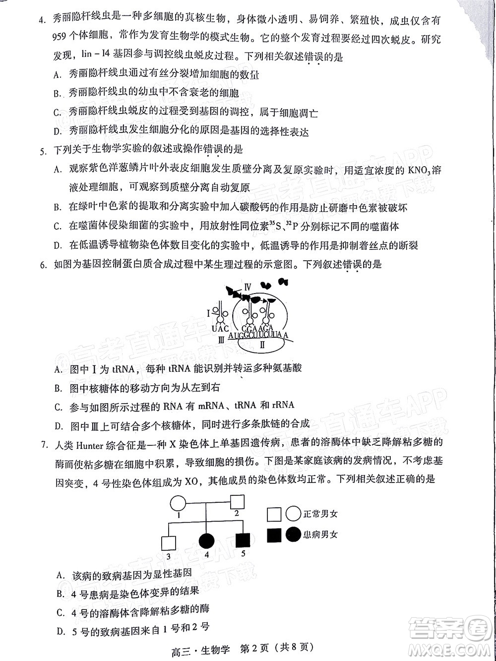 汕尾市2022屆高三學(xué)生調(diào)研考試生物學(xué)試題及答案