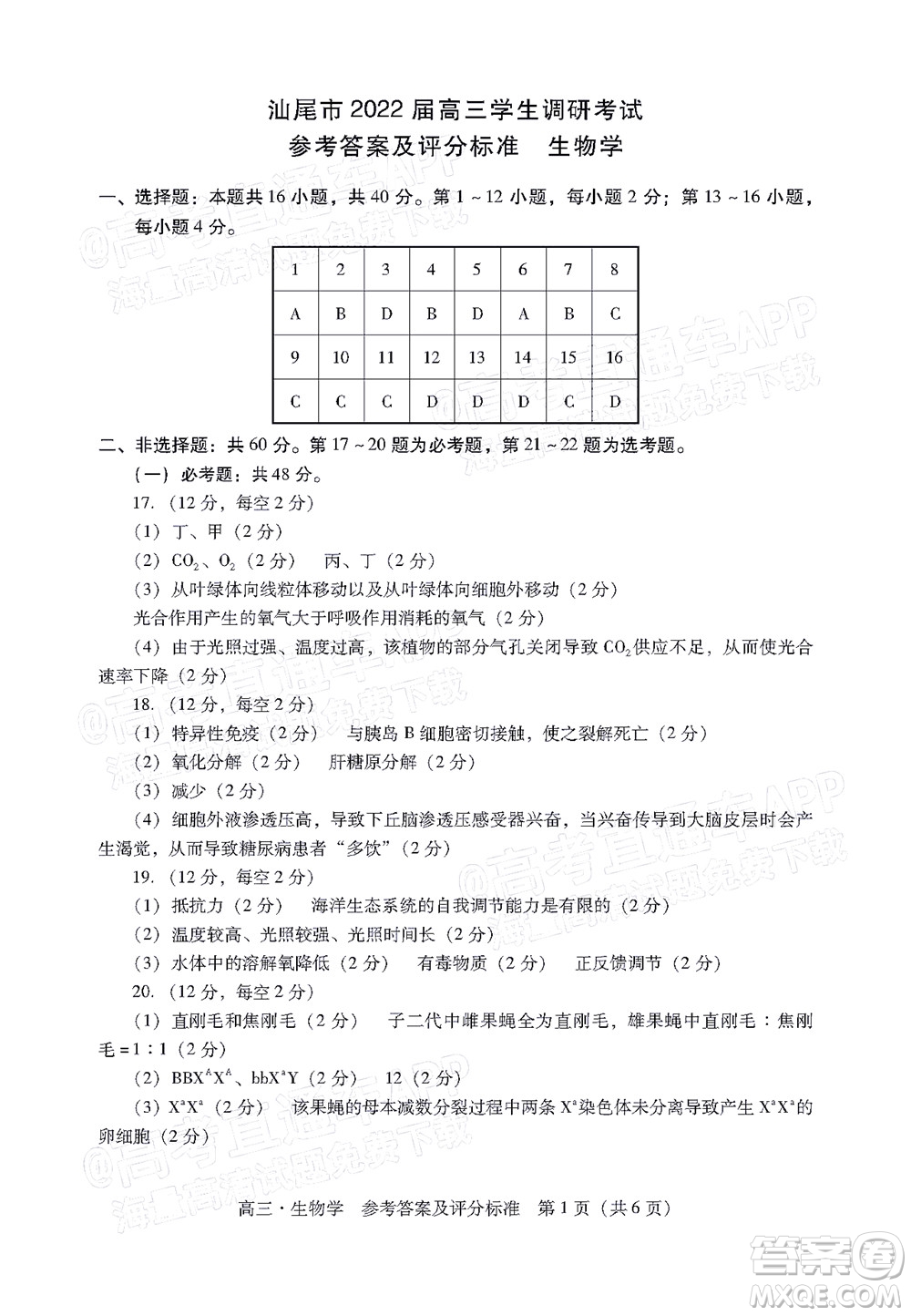 汕尾市2022屆高三學(xué)生調(diào)研考試生物學(xué)試題及答案