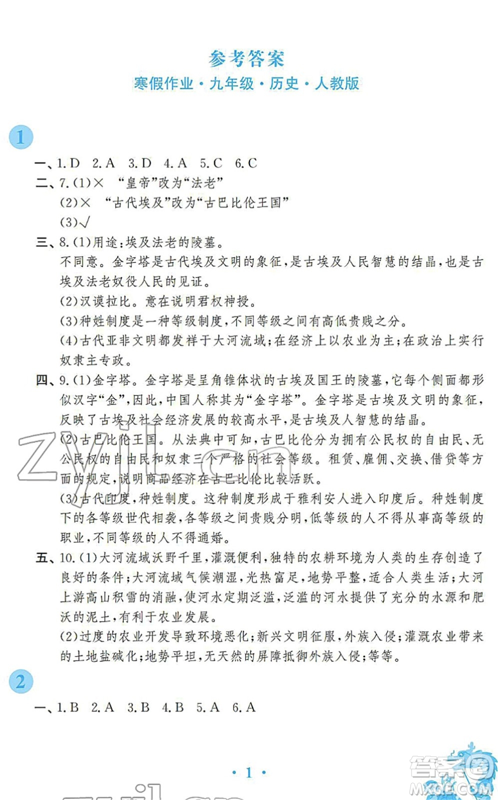 安徽教育出版社2022寒假作業(yè)九年級(jí)歷史人教版答案