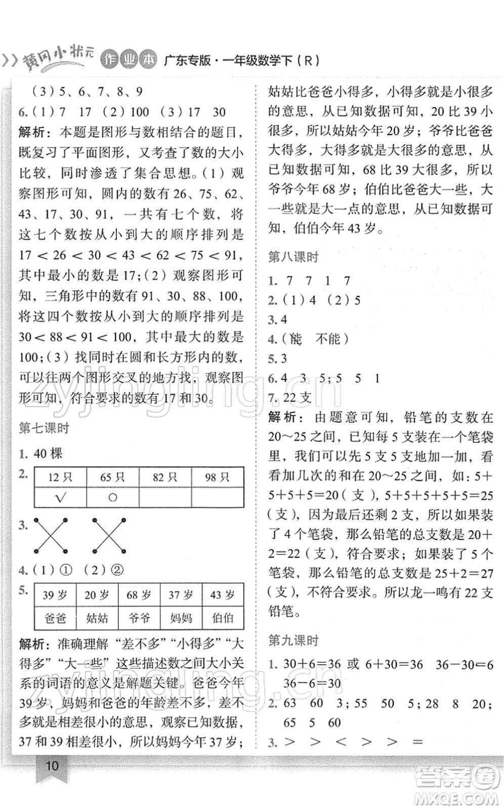 龍門書局2022黃岡小狀元作業(yè)本一年級數(shù)學(xué)下冊R人教版廣東專版答案