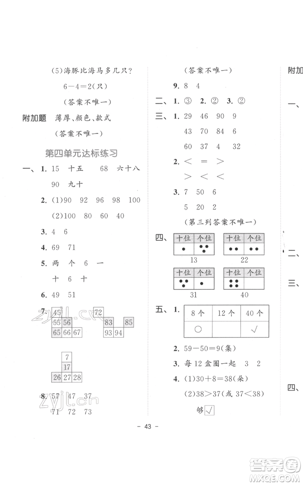 教育科學(xué)出版社2022春季53天天練一年級數(shù)學(xué)下冊人教版參考答案
