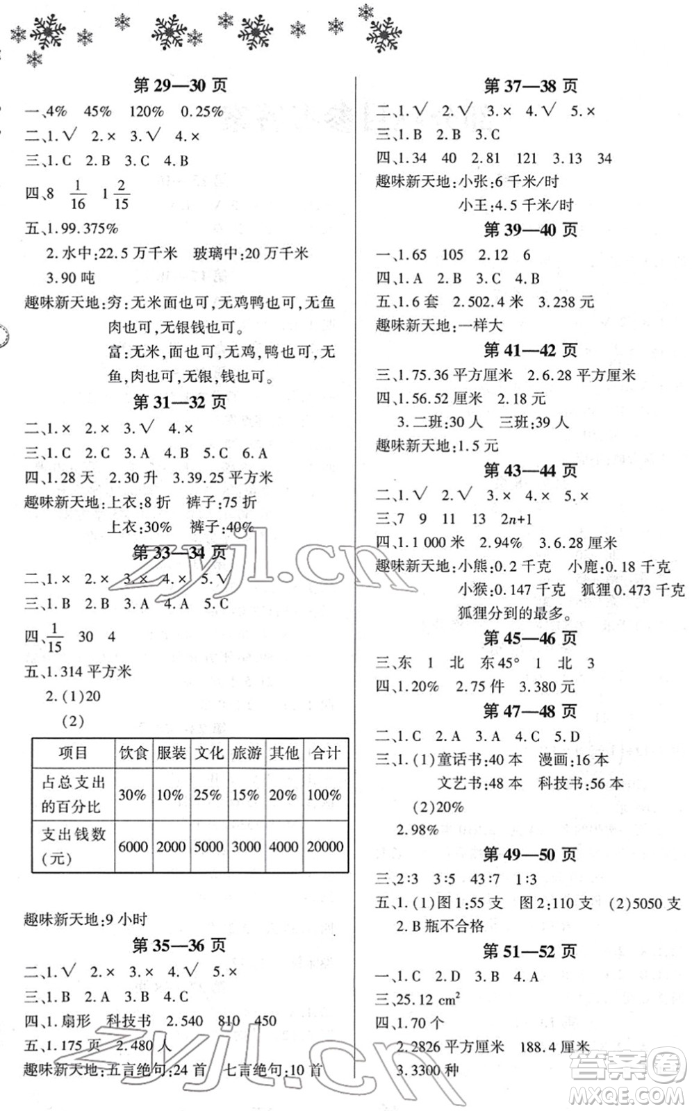 河南電子音像出版社2022新思維寒假作業(yè)六年級數(shù)學(xué)RJ人教版答案