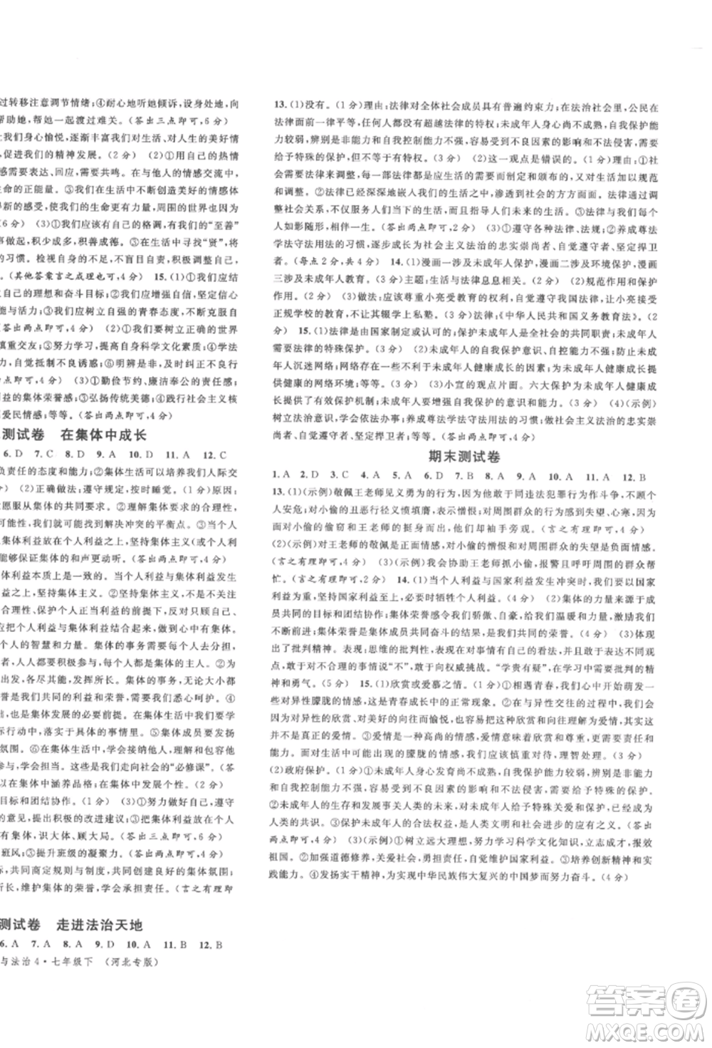 安徽師范大學(xué)出版社2022名校課堂背記手冊七年級道德與法治下冊人教版河北專版參考答案