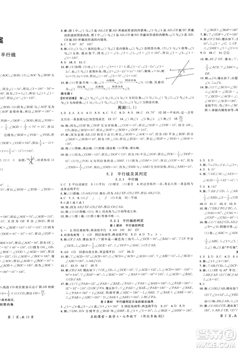 安徽師范大學(xué)出版社2022名校課堂七年級(jí)數(shù)學(xué)下冊(cè)人教版河北專版參考答案