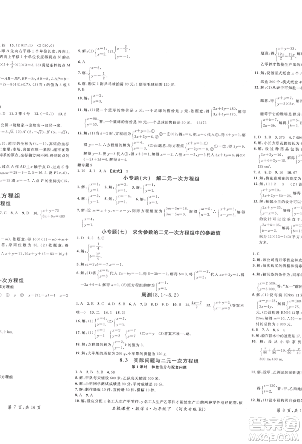 安徽師范大學(xué)出版社2022名校課堂七年級(jí)數(shù)學(xué)下冊(cè)人教版河北專版參考答案